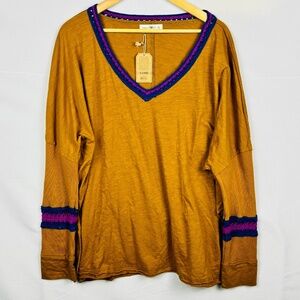 Natural Life Women LongSleeve Cotton Boho T-Shirt Crochet XL Bohemian NWT Hippie